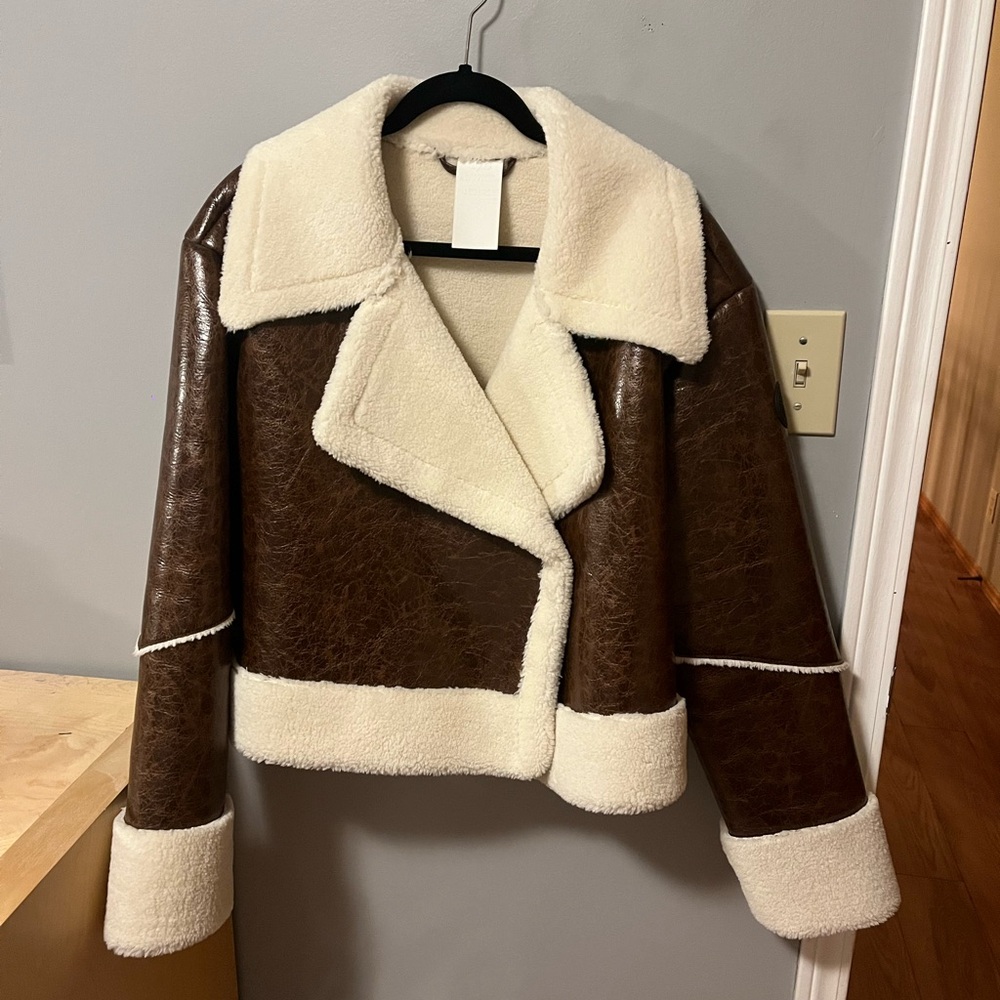 Noize Brown and Cream Teddy Jacket with Plush Collar and Wide Cuffs